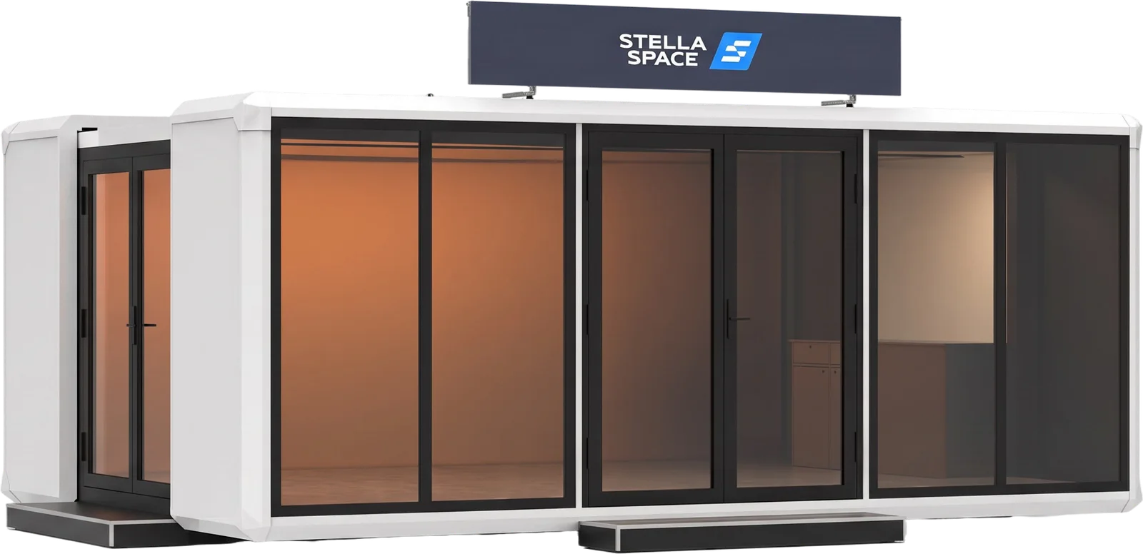 The expanded Stella Space module standing on its own support legs, off the trailer: glazed front room, white shell and the Stella Space sign above