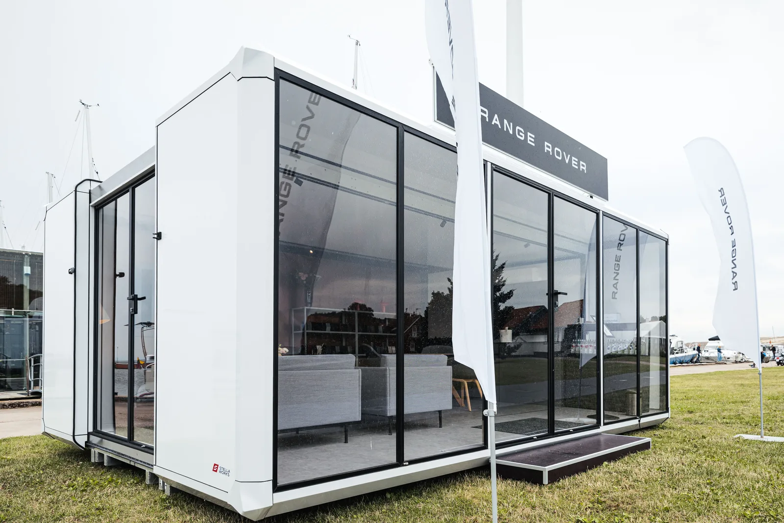 The module from the corner, sail flags either side