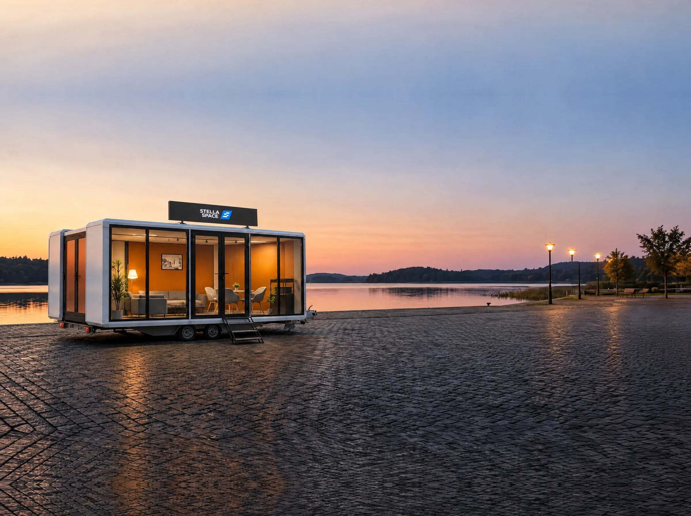 The expanded Stella Space module, lit from inside, standing on a paved waterfront at dusk