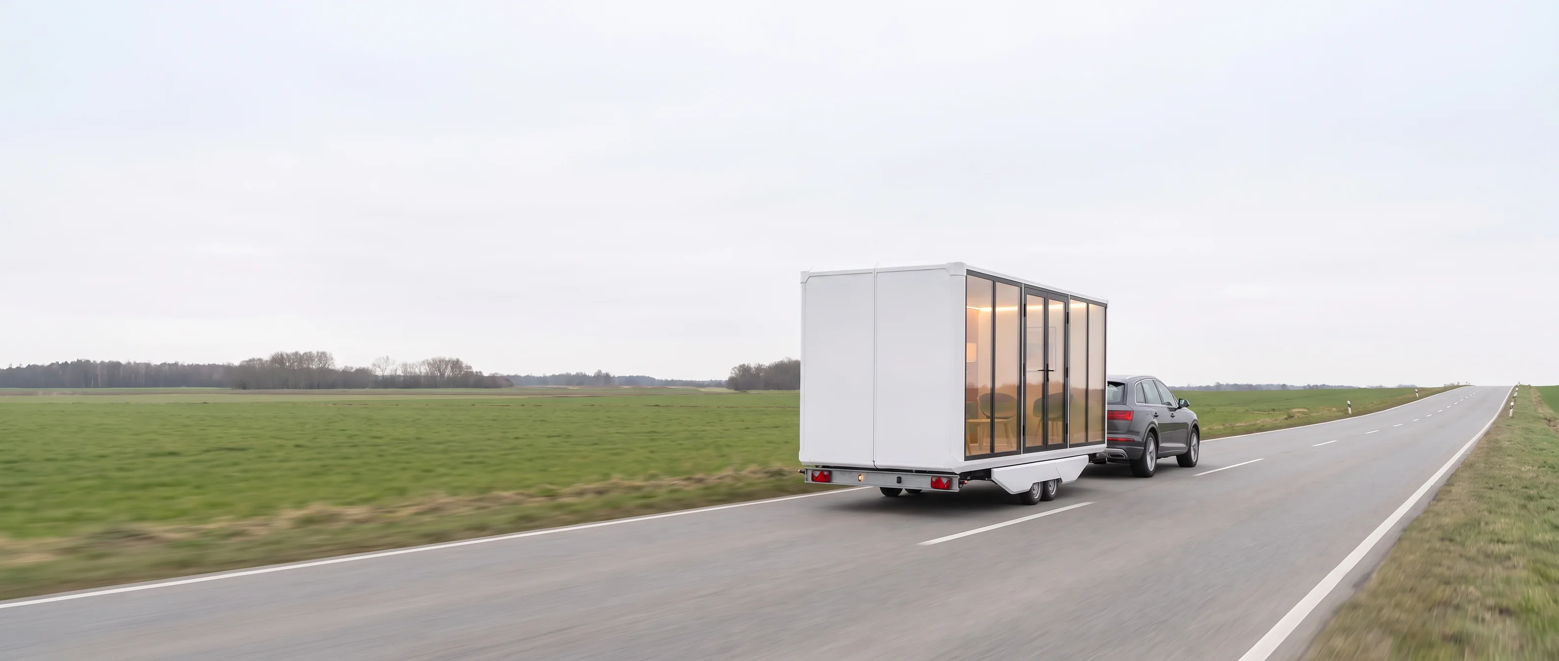 The closed Stella Space module on its trailer, towed along a road by a passenger car