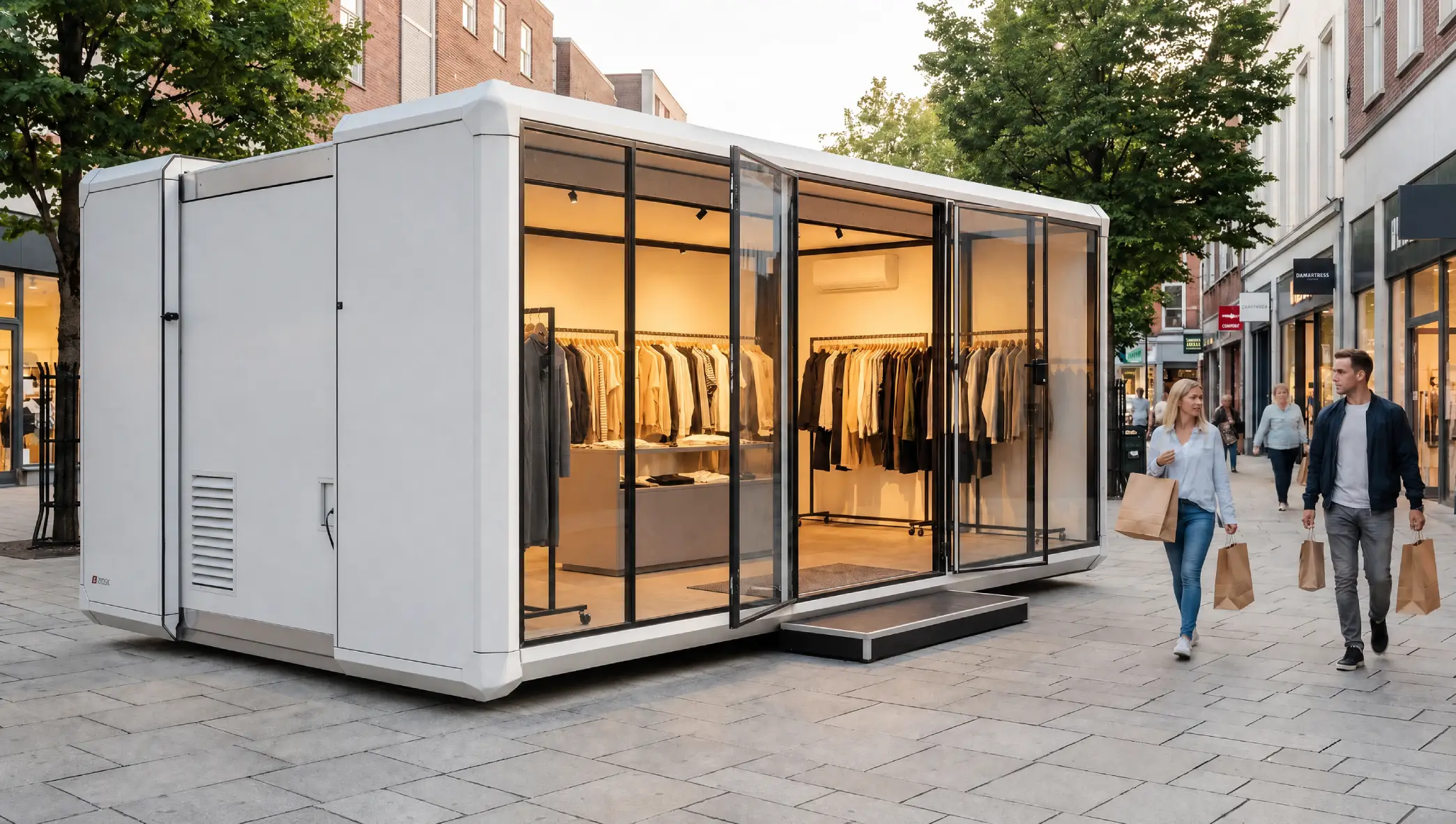 Stella Space as a glazed pop-up clothing shop on a pedestrian shopping street