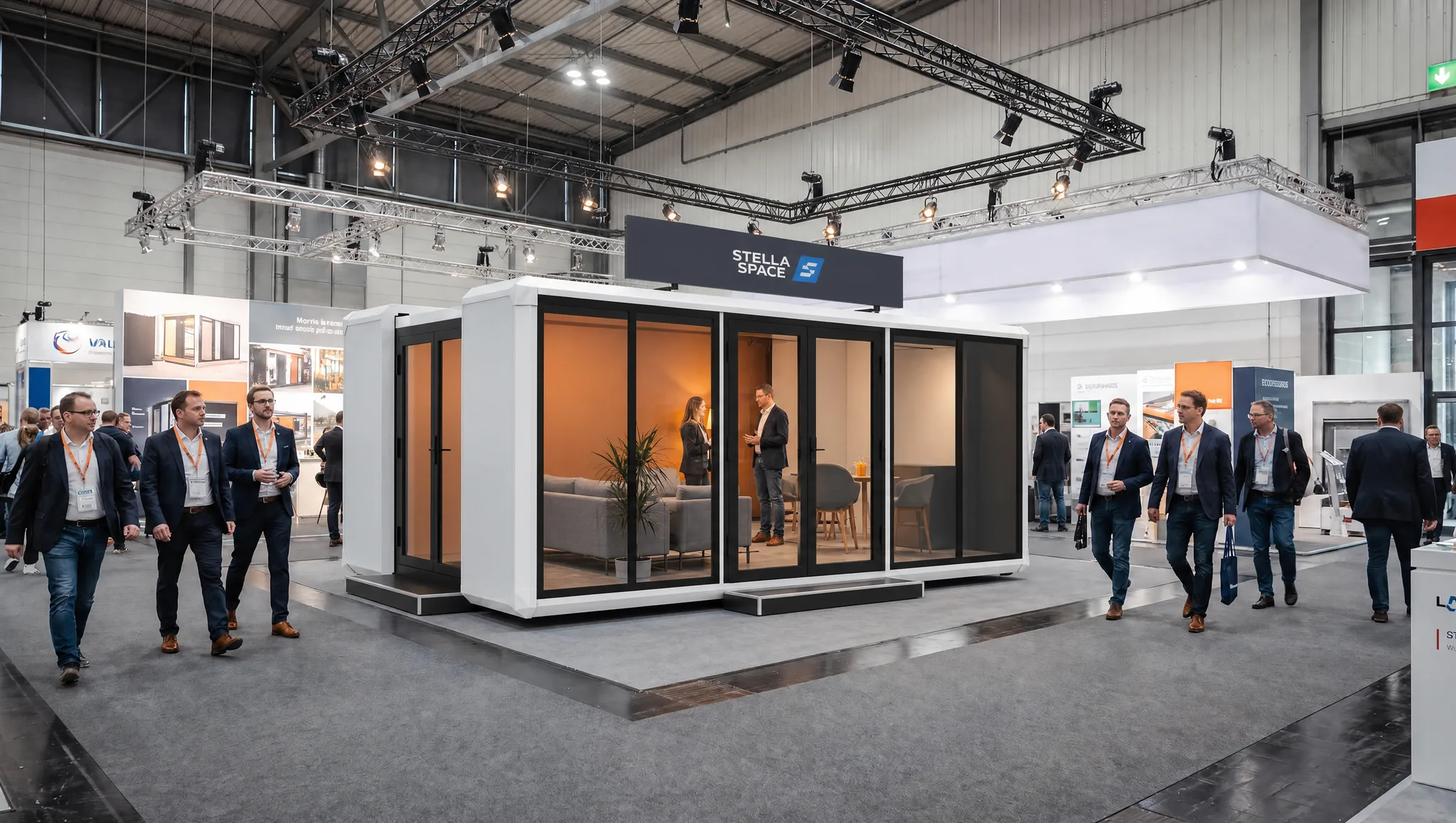 Stella Space as a finished exhibition stand in a trade fair hall, visitors walking past