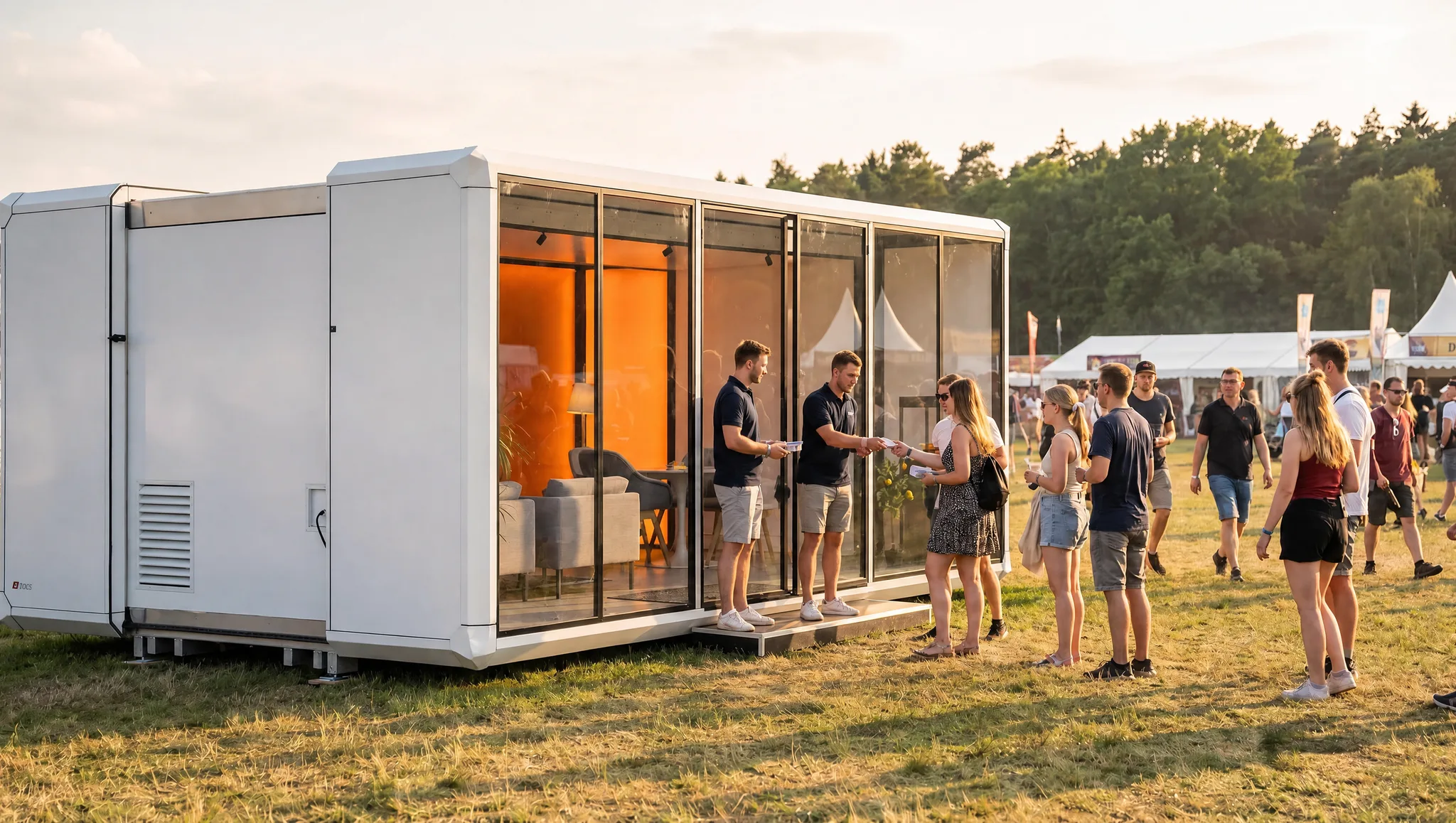 Stella Space at an outdoor brand activation on a festival field, a crowd at the glazed front