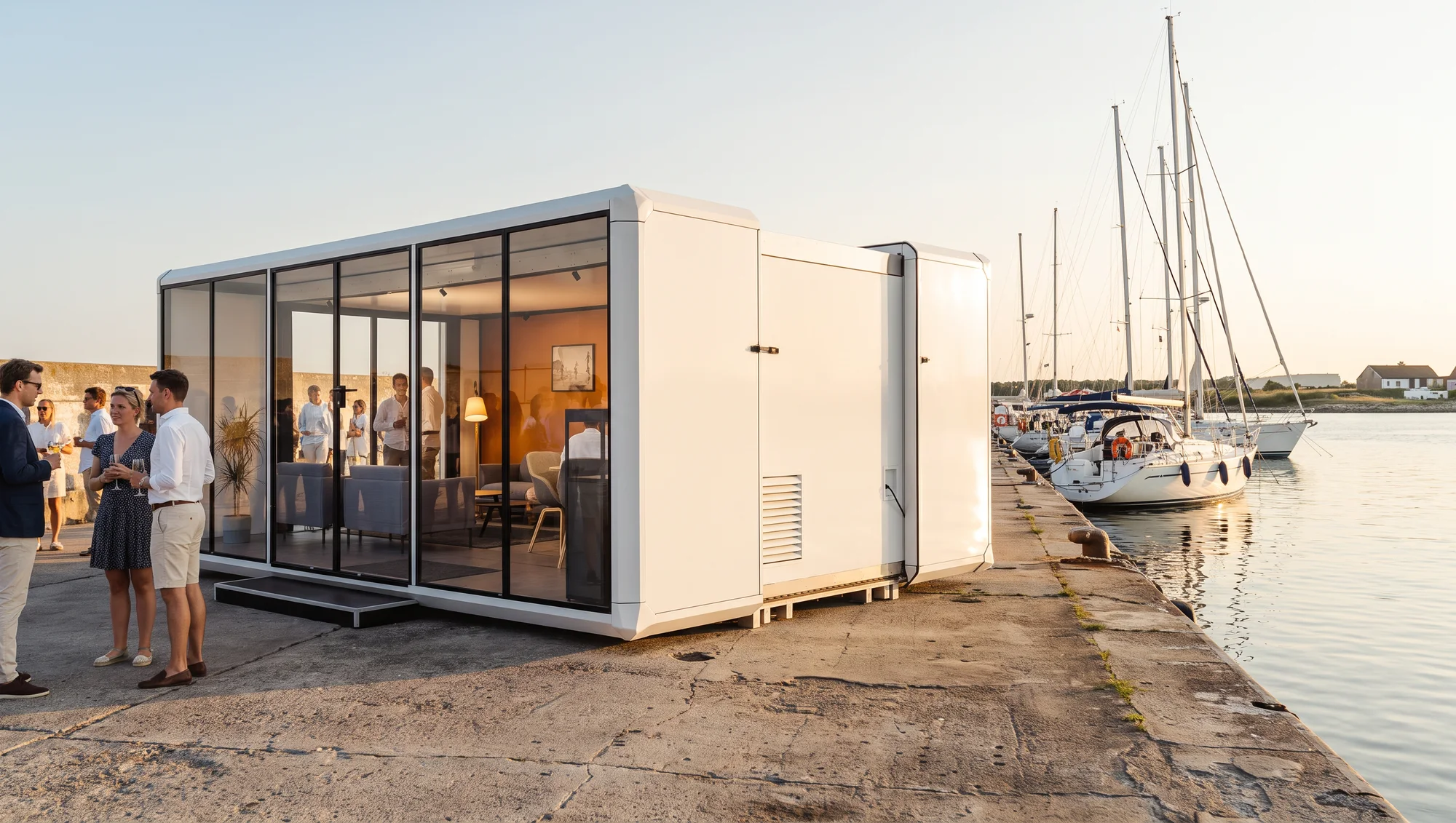 Stella Space as a glazed hospitality suite on a quayside beside moored sailing boats