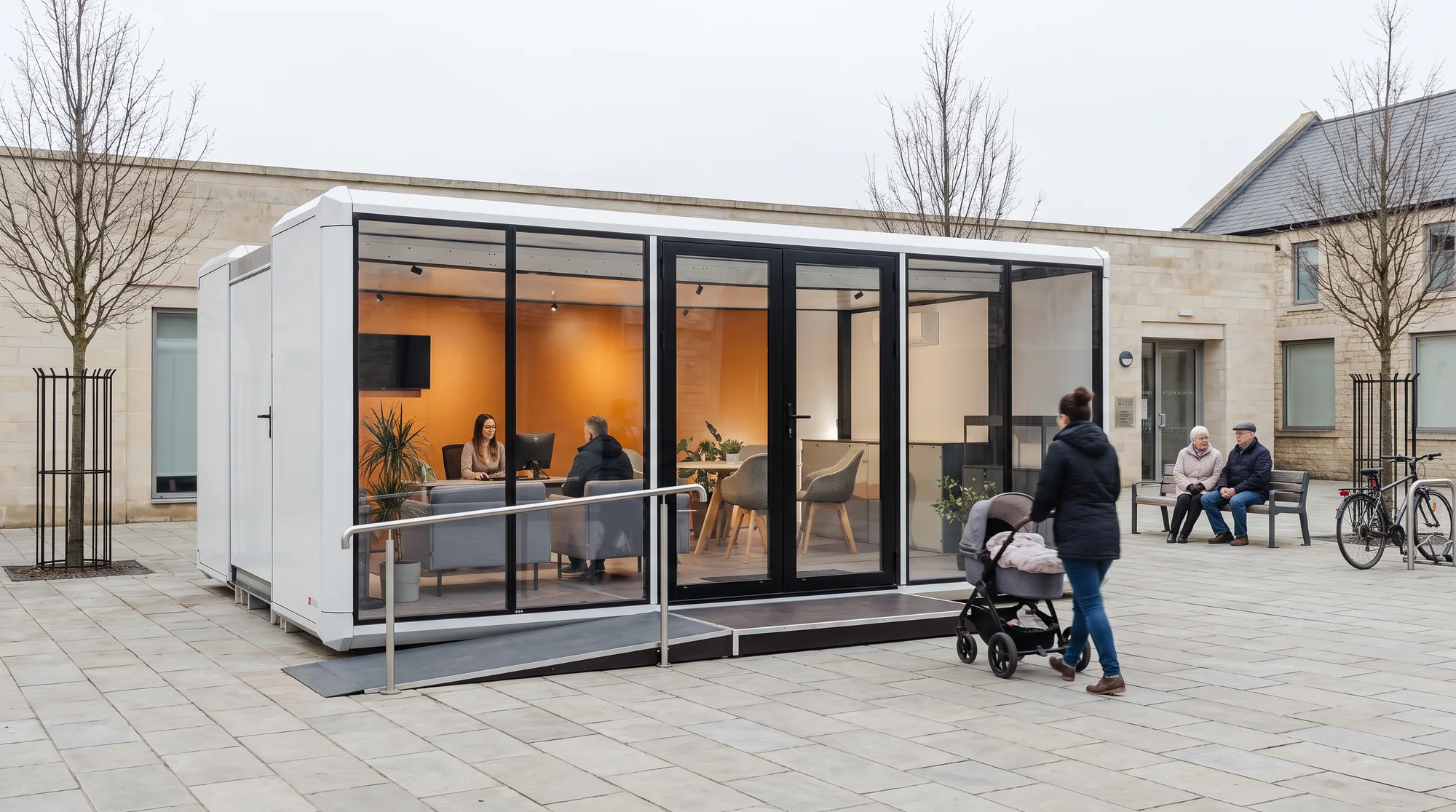 Stella Space as a public service point on a town square, with a ramp for step-free access