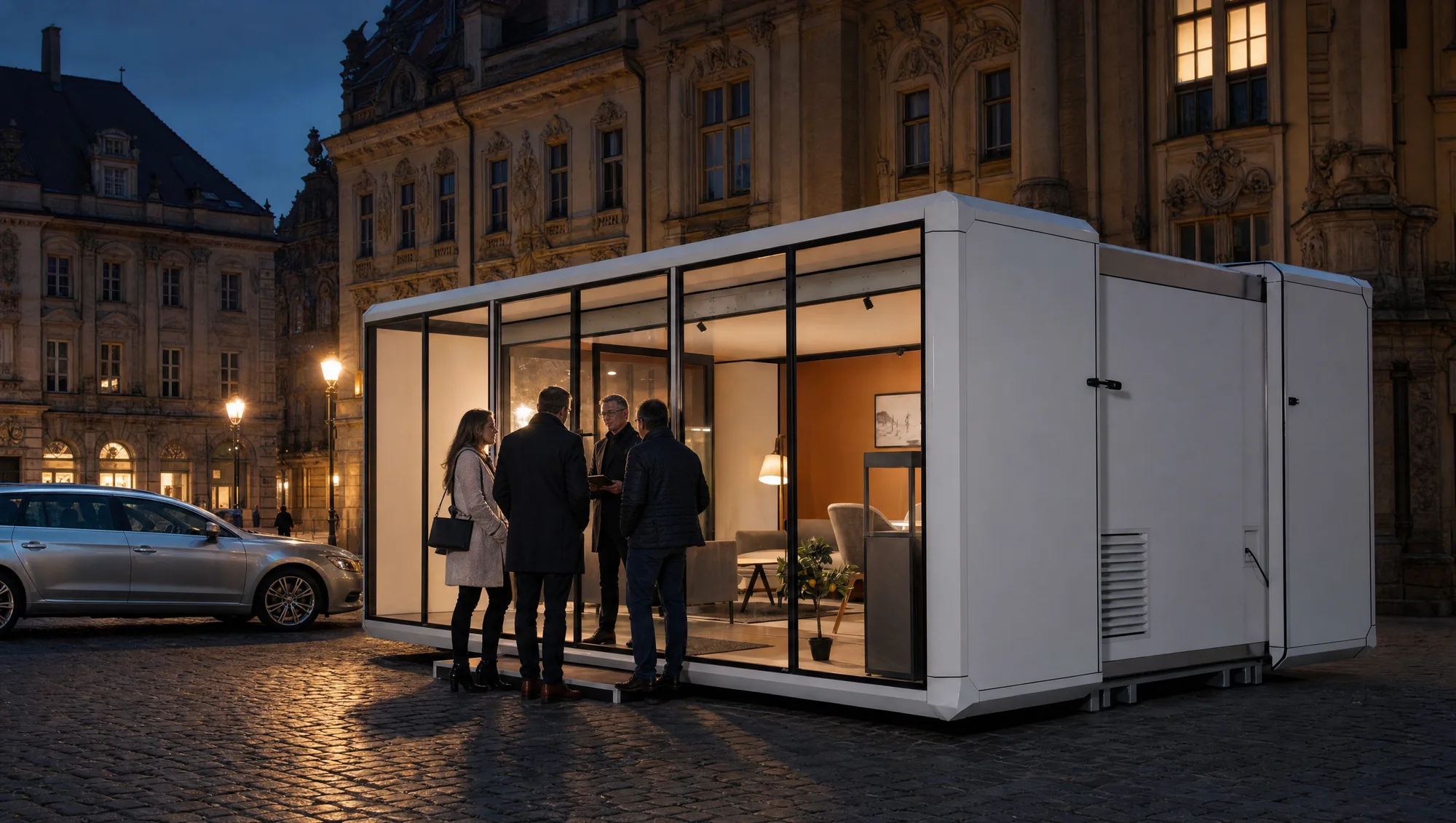 Stella Space as a mobile showroom on an old-town square in the evening, visitors at the glazed front